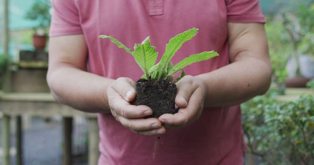 Man holding a small plant with soil, symbolizing care for nature and environment. Great for use in themes related to gardening, environmental sustainability, eco-friendly practices, plant care, and horticulture services. This can also be used to promote messages about growth, development, and nurturing.