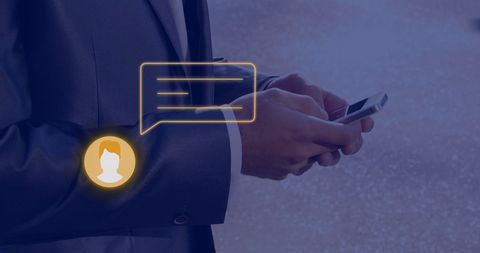 Businessman Engaged with Smartphone and Digital Communication Icons