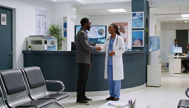 Smiling physician shaking hands with male patient at clinic reception desk