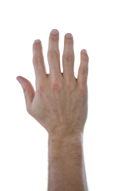 Hand of man pretending to touch an invisible screen against white background