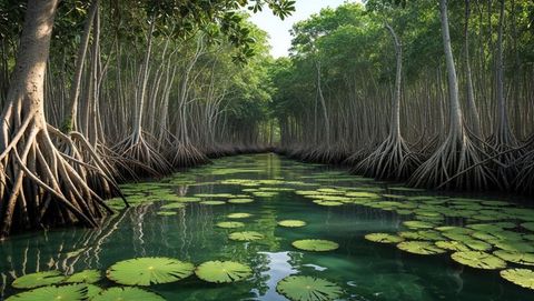 Tranquil mangrove swamp with lush vegetation and water channel along bay of bengal