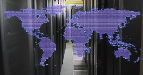 Futuristic digital world map overlay on innovative server room