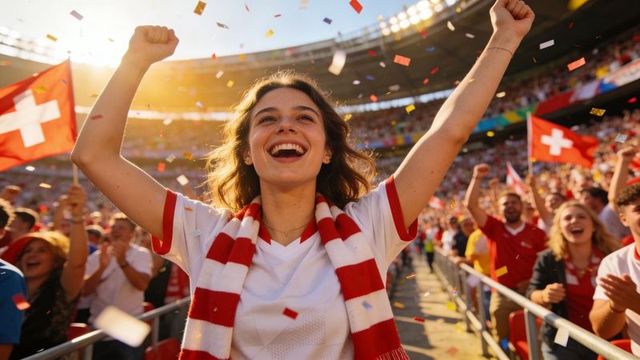 Triumphant female fan cheering with red-white scarf in packed stadium with swiss flags