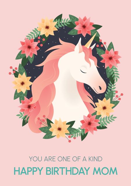 Beautiful birthday card featuring a peaceful unicorn surrounded by a floral wreath. This charming design is perfect for celebrating moms and making their birthday extra special. It can be used for birthday greetings, digital cards, or printed cards to convey warm and heartfelt messages.