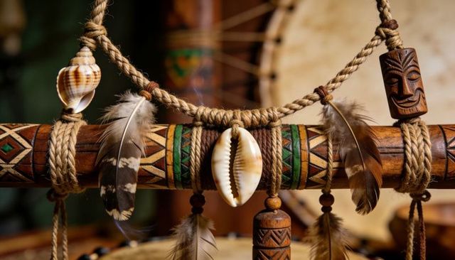 Handcrafted boho tribal hanging with cowrie shell, feathers and carved tiki on wooden rod