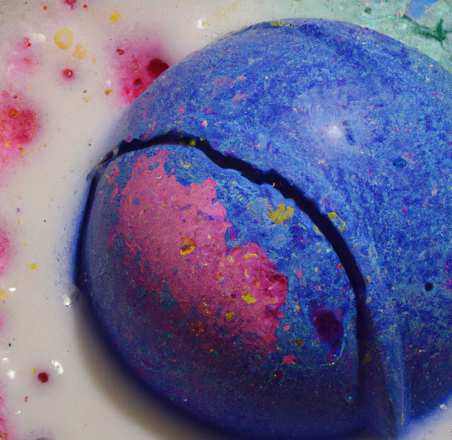 Close up of blue and pink bath bomb in water. Bath bombs, bath and colors concept.