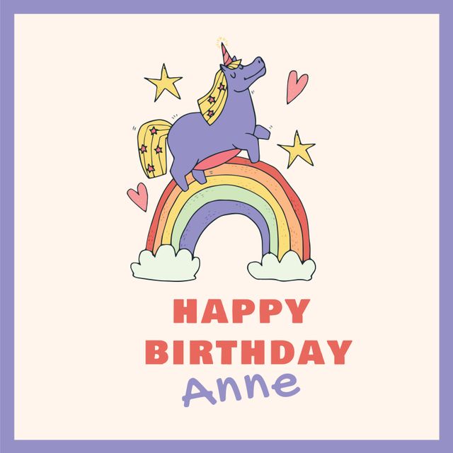 This whimsical illustration features a cute unicorn with a yellow mane, purple body, stars, and hearts. It is designed with a colorful rainbow and light blue clouds, creating a festive and fun atmosphere. Perfect for personalized birthday cards, themed party invites, or children's celebrations. Bright and cheerful, it adds a magical touch to any special occasion.