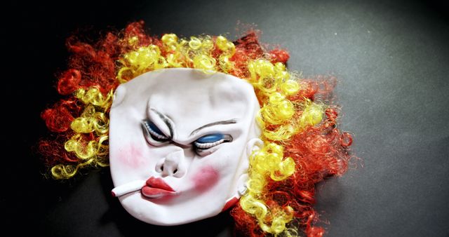 A colorful clown mask with red and yellow curly hair is lying on a black background, with copy space. Its exaggerated features and the cigarette placed in its mouth add a quirky and unconventional touch to the mask's appearance.