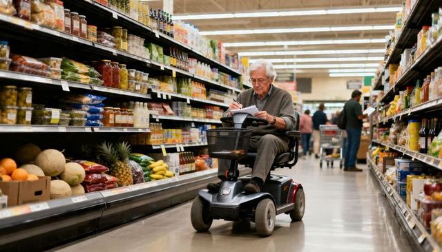Senior man riding mobility scooter writing shopping list navigating supermarket aisle