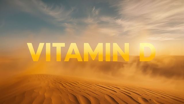 Golden sunrise desert with bold vitamin d text overlay evoking sunlight and wellness