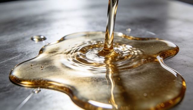 Pouring amber syrup creating glossy golden puddle on brushed steel closeup macro ripple