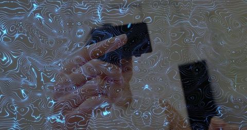 Woman's hand interacting with smartphone in innovative digital environment