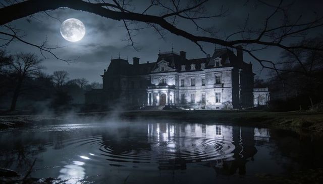 Moonlit haunted manor reflecting in foggy pond with ripples and bare winter trees