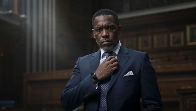 Confident executive adjusting tie in wood-paneled courtroom portrait conveying authority