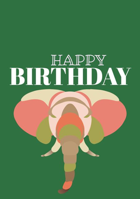 Illustration features 'Happy Birthday' text over a colorful elephant design on a green background. Ideal for creating festive and celebratory greeting cards, invitations, or social media birthday posts.