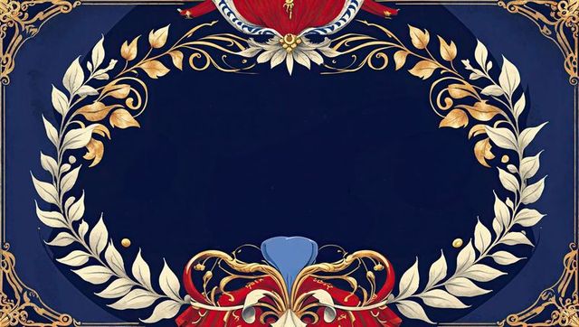 Ornate Wreath on Navy Background with Red Drapery and Blue Cartouches