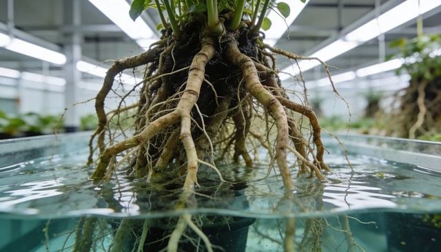Hydroponic plant roots hanging above glass tank with reflections and overhead lights