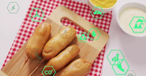 Serving four corn dogs on wooden cutting board over red gingham cloth with dipping sauces