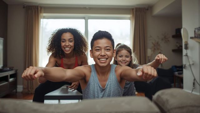 Family working out together in sunlit living room reaching toward camera smiling parent