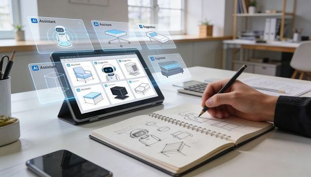 Designer sketching furniture with AI-assisted tablet for furniture prototype