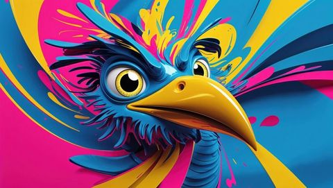 Vibrant abstract bird with fluid paint strokes in a crazy digital space