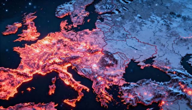 Illuminating Europe Night Map Showing Glowing Urban Grids, Red Borders, Data Visualization