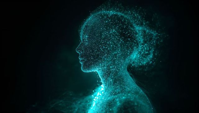 Teal holographic female silhouette formed from glowing particles, digital smoke and data