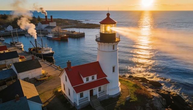 Sunlit lighthouse beacon beaming over rocky point, fishing harbor and boats at golden hour
