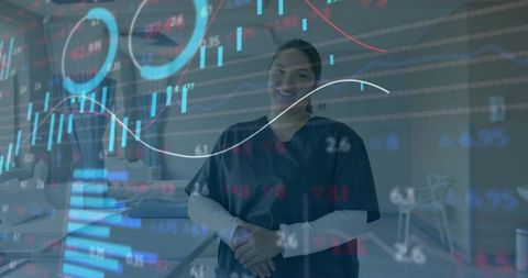 Rehabilitation nurse embracing healthcare analytics with mobility equipment and data overlay