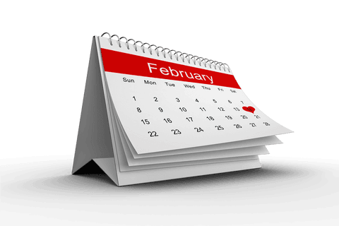 February calendar page with red heart on transparent background