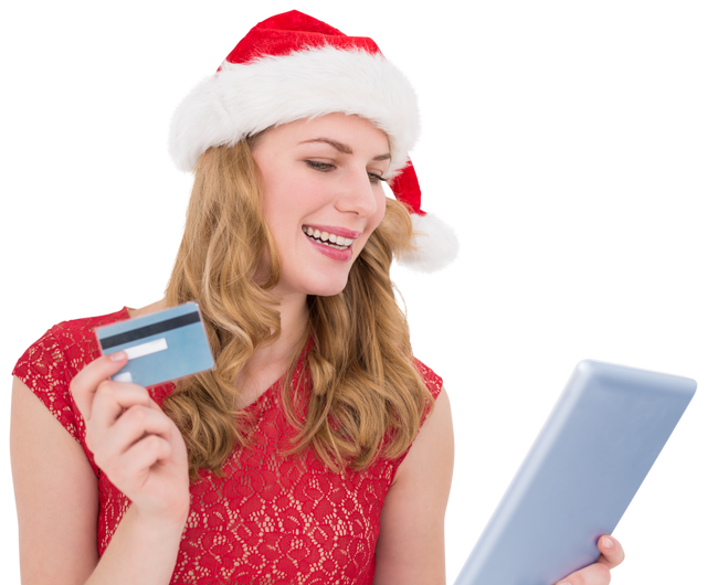 Festive Woman with Santa Hat Shopping Online with Tablet and Credit Card Transparent - Download Free Stock Videos Pikwizard.com