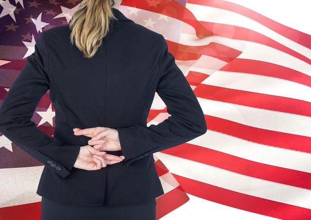 Digital composite of Woman with fingers crossed. USA