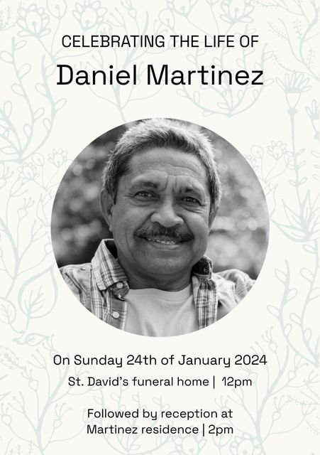 This memorial template is designed for honoring loved ones, featuring a poignant black and white portrait set against a subtle floral backdrop. Ideal for announcements of celebration of life events, gatherings, or funerals, providing a touching tribute to the departed. Personalize with name, portrait, and event details to create a meaningful remembrance.