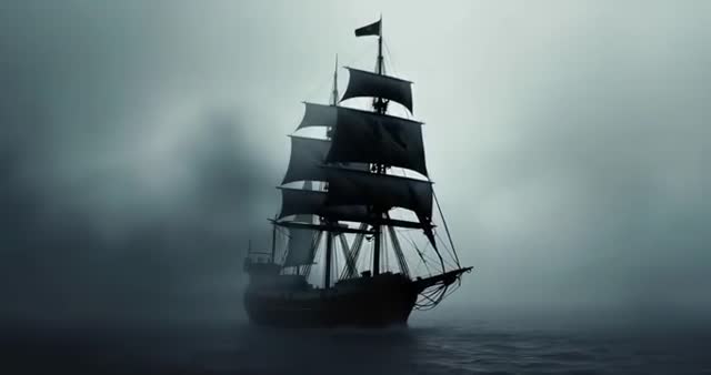 Historic Sailing Ship Moving Through Mysterious Fog