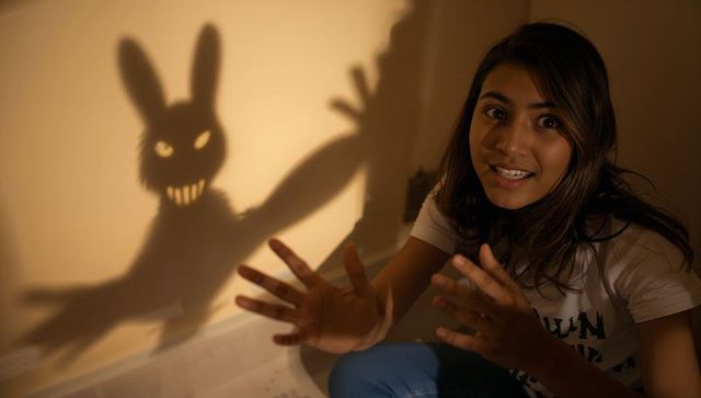 Teen girl creating sinister bunny shadow with hands on wall in dim cozy room