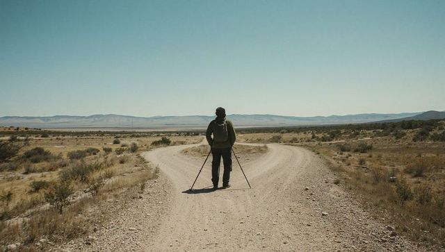 Solo hiker choosing path at desert fork under wide sky, backpack and tripod silhouette