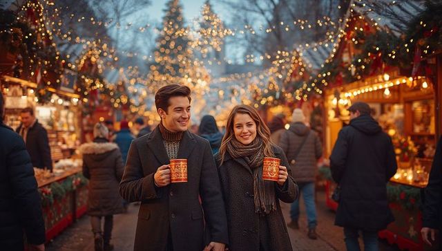 Couple Enjoying Festive Holiday Market in Winter Evening