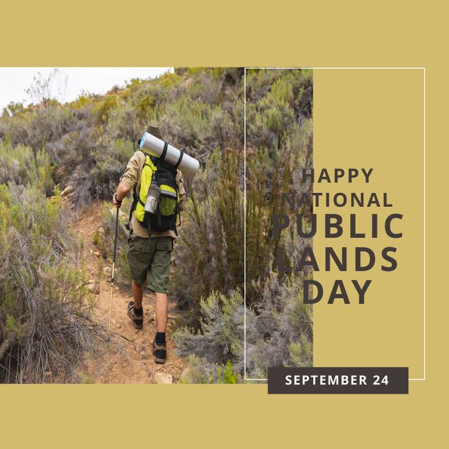 Composition of happy national public lands day text with caucasian man hiking on beige background. National public lands day and celebration concept digitally generated image.