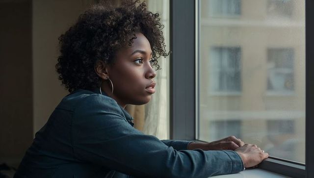Contemplative young woman gazing out window in denim jacket with hoop earrings, urban calm