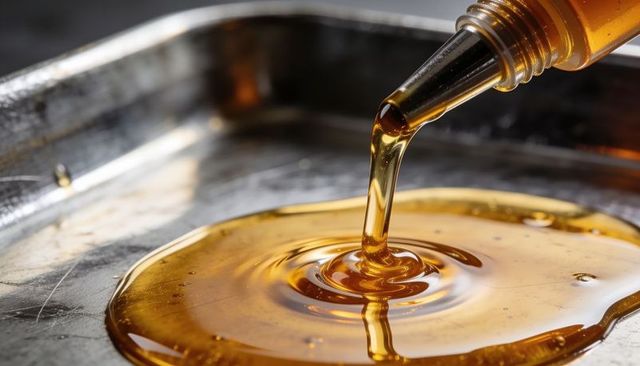 Pouring golden syrup forming glossy pool with ripples and reflections on stainless steel tray