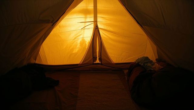 Glowing tent interior with backlit trees, sleeping bags and camping gear at sunrise