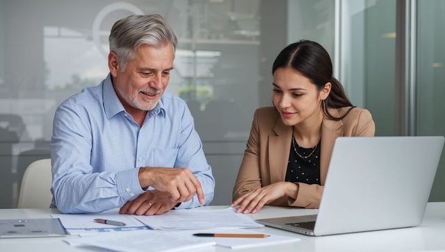 Senior executive mentoring young colleague reviewing business documents in modern office