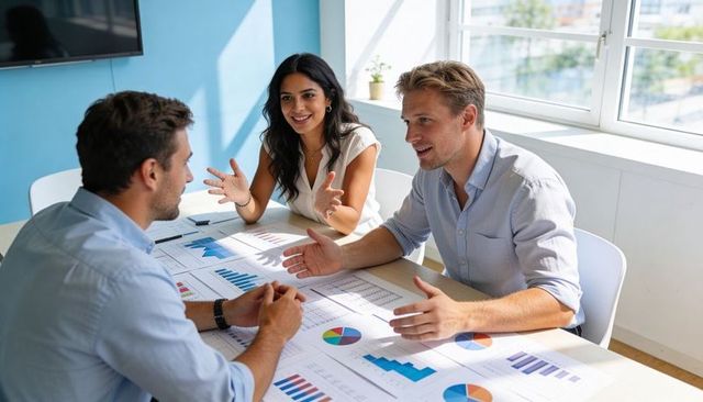 Collaborating over business charts and reports during lively team meeting in bright office