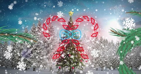 Enchanting winter wonderland with candy canes and christmas tree