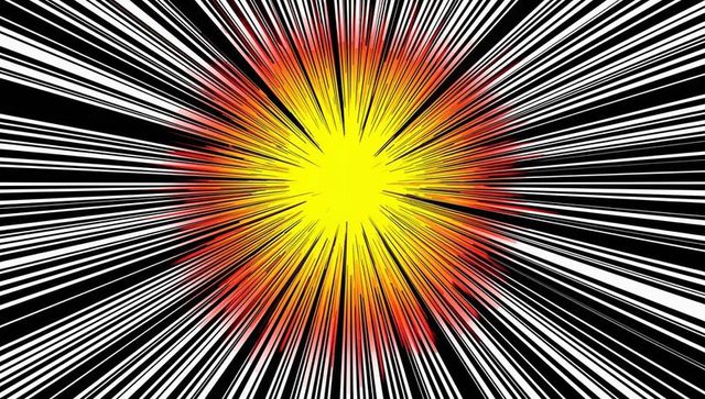 Radiant sunburst explosion with yellow core and red-orange halo, radial speed lines graphic