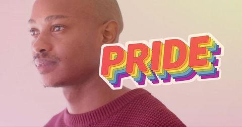 Gazing man wearing burgundy sweater with rainbow pride sticker on pastel gradient background