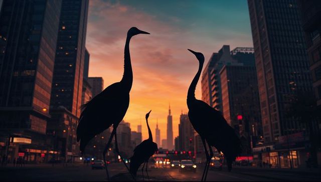 Silhouetted cranes standing on urban median at sunset with city light trails