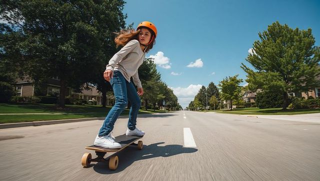 Teen Girl Balancing on Longboard in Suburban Street