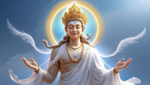 Divine south asian god with radiant halo in tranquil sky