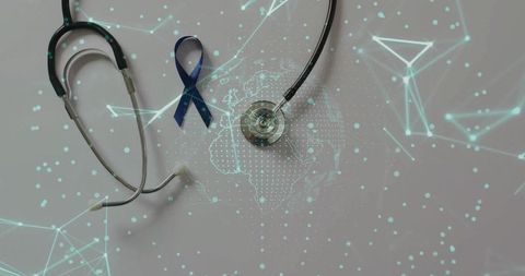 Stethoscope with blue ribbon and global data network representation